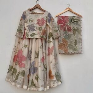 Hand painted organza lehnga